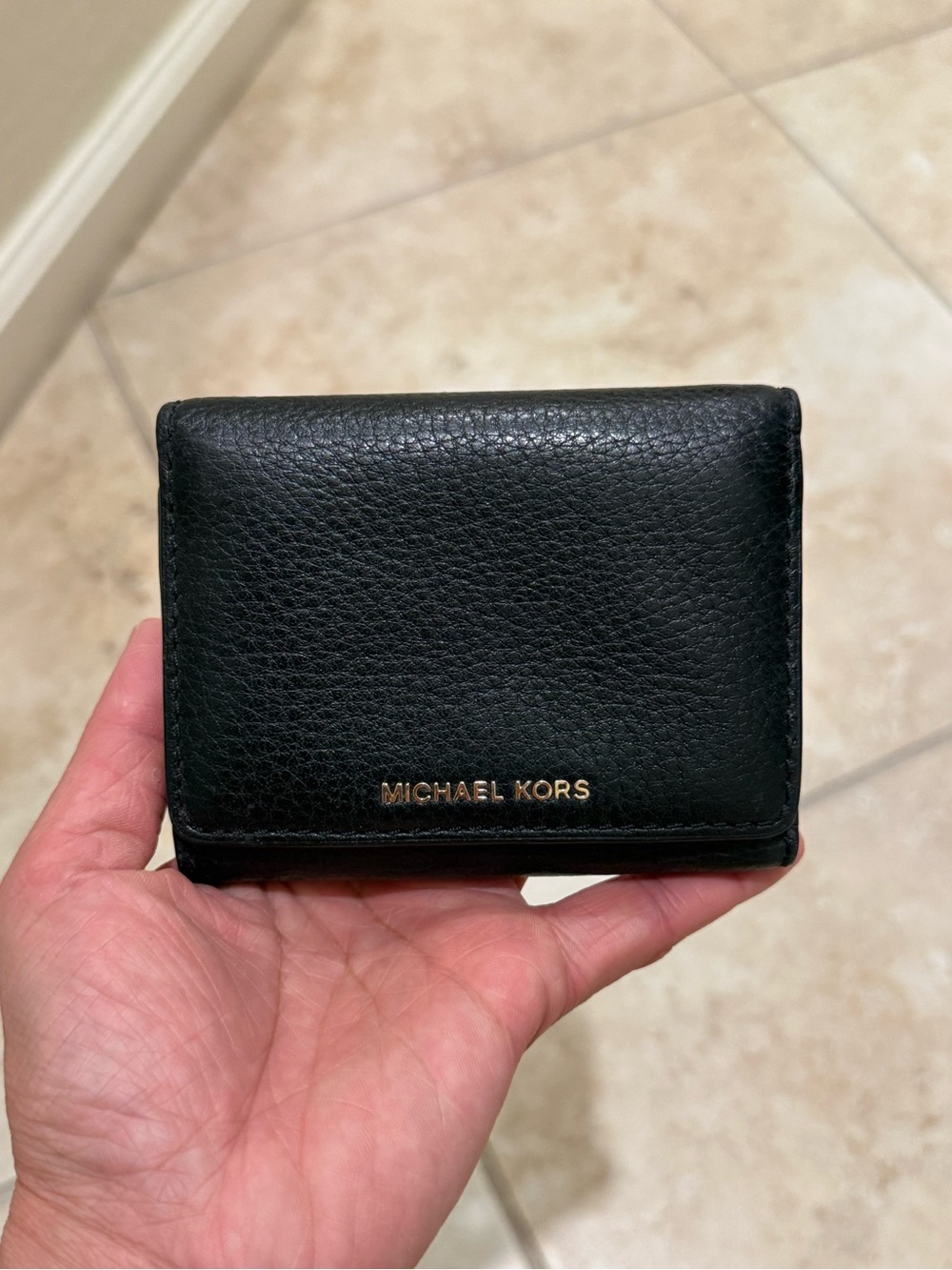 Michael Kors Black Pebbled Leather Compact Card Holder with Gold Logo